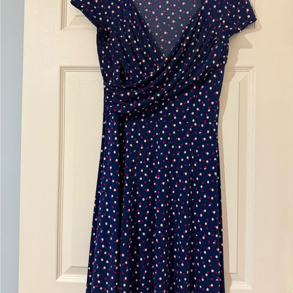 Leota Navy and Pink Polka Dot Midi Dress